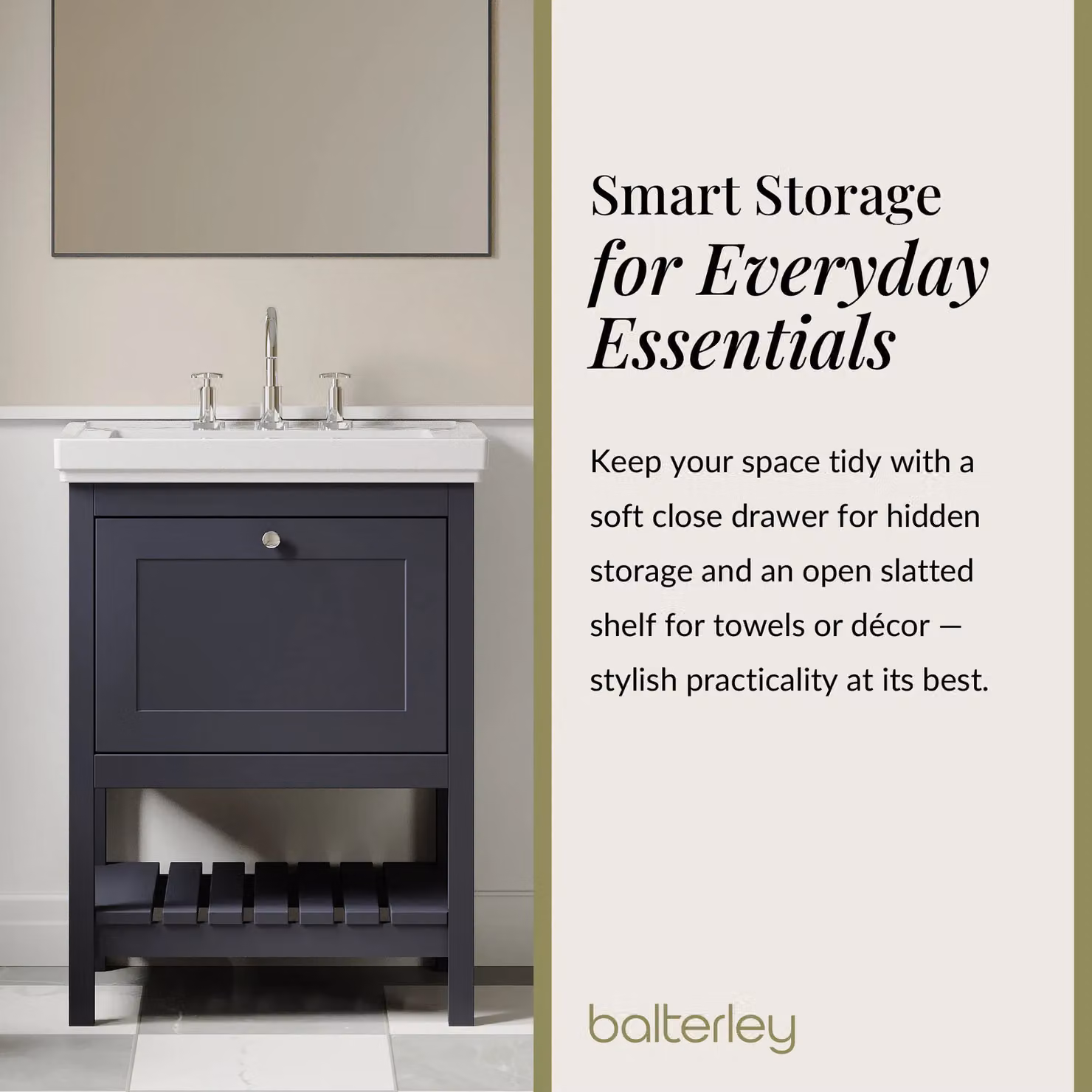 Balterley Blue Freestanding Bathroom Floor Vanity with 1 Drawer and 3 Tap Hole Fireclay Basin, Width: 60 cm – 4