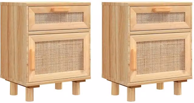 Berkfield Home Set of 2 Bedside Cabinets in Brown Solid Pine and Natural Rattan – 1