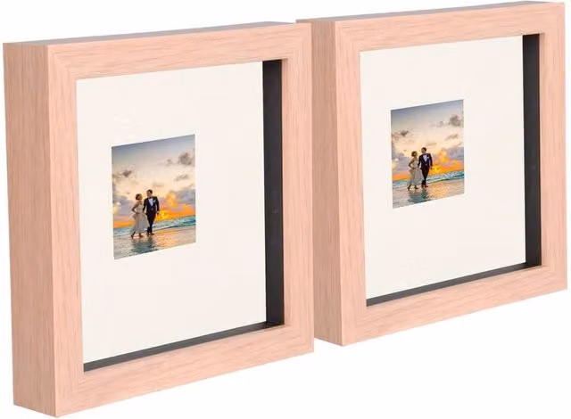Havendro Set of 2 Light Wood 3D Box Photo Frames in Brown with Ivory Mounts