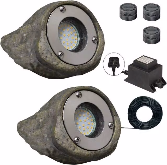 NESTLUNE Lighting 12V Tatra Rock Light Kit of Two with Transformer in Dark Grey