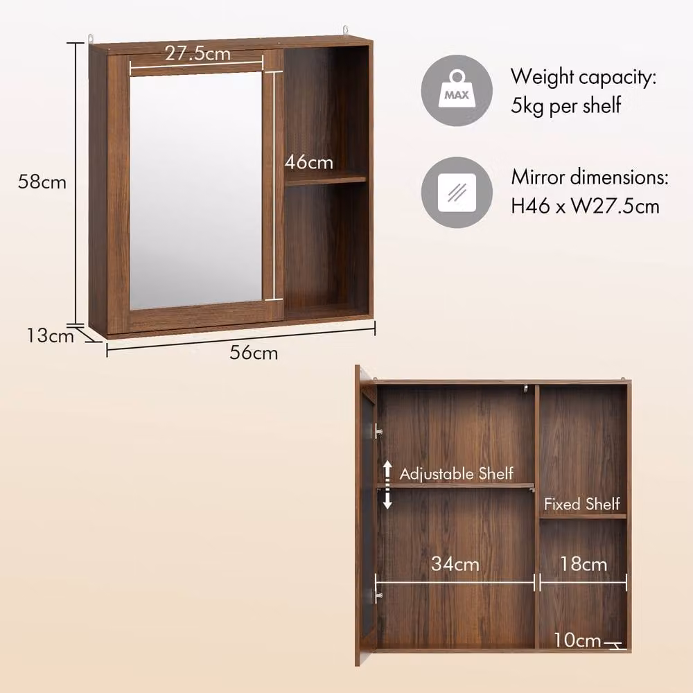 VonHaus Chester Wall Mounted Bathroom Mirror Cabinet in Dark Brown with Hinged Doors and Internal Shelves – 8
