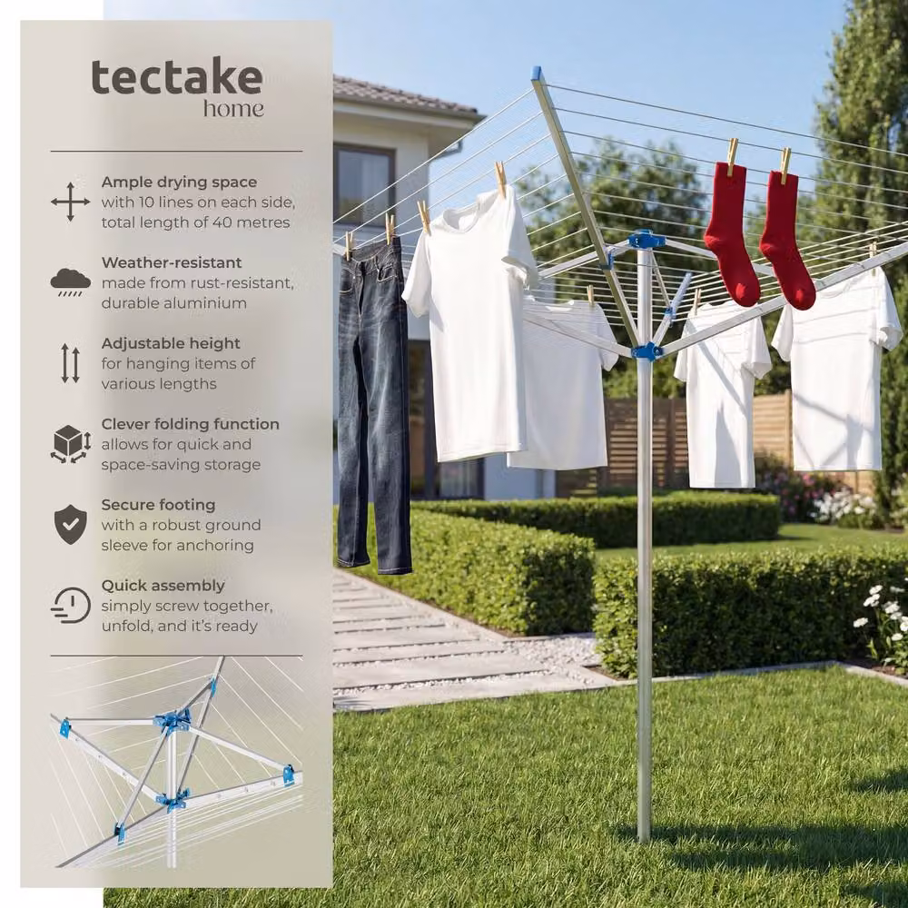 tectake Height Adjustable Rotary Aluminium Clothes Drying Rack in Grey, W: 150 cm, H: 196 cm – 2