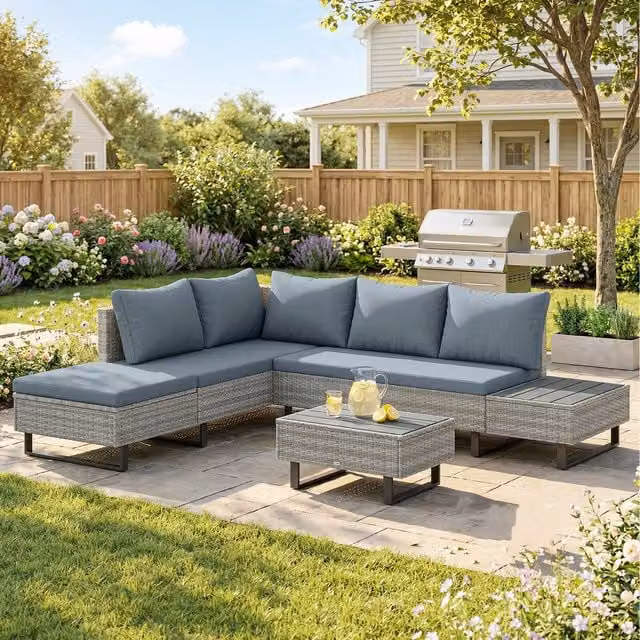 Outsunny 5 Seater L-Shape Rattan Garden Furniture Set with Upholstered Cushions in Grey