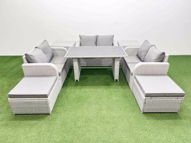 Fimous 8 Seater Rattan Garden Furniture Set with 2 Side Tables in Light Grey