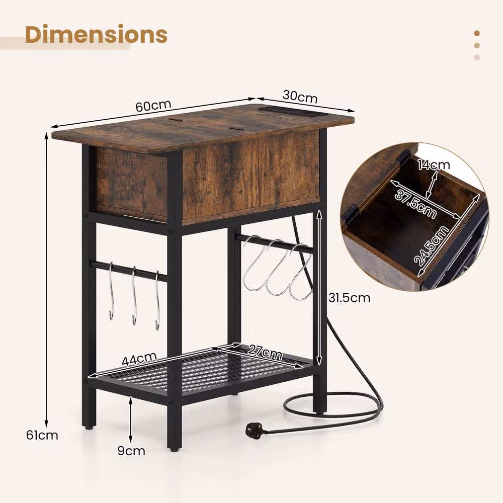 Gymax Industrial Slim End Table Nightstand with Charging Station and Shelf Hooks in Brown – 2