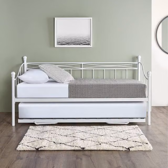 Home Treats White Metal Single Trundle Day Bed with 2x Memory Foam Mattresses W/D/H: 90 x 200 cm