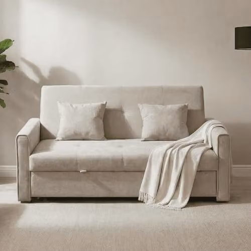 Home Source Charleston 2 Seater Click Clack Convertible Sofabed in Beige Velvet – 1