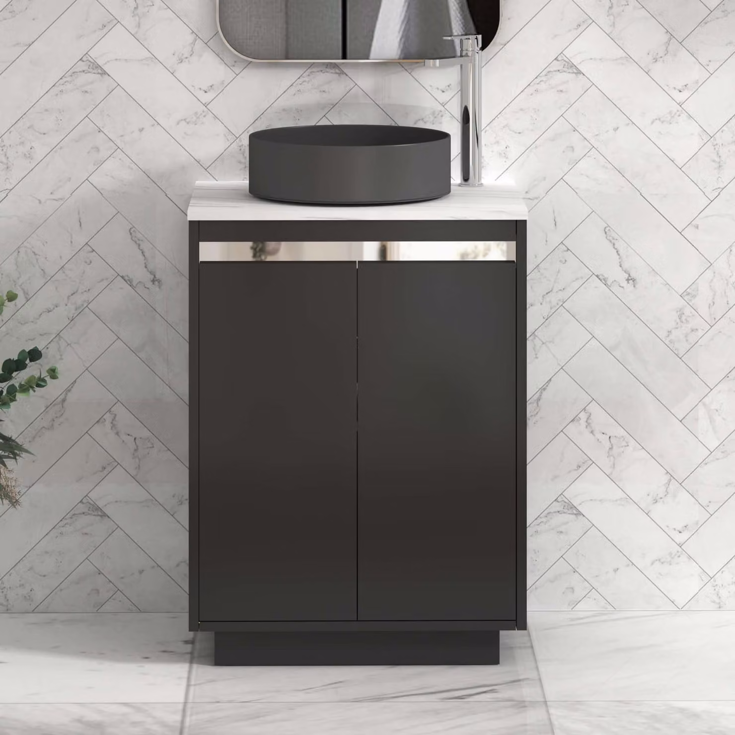 Royal Bathrooms Orion 600mm Matt Obsidian Black Floor Standing 2 Door Vanity Unit with Art Round Basin and Chrome Accent Trim
