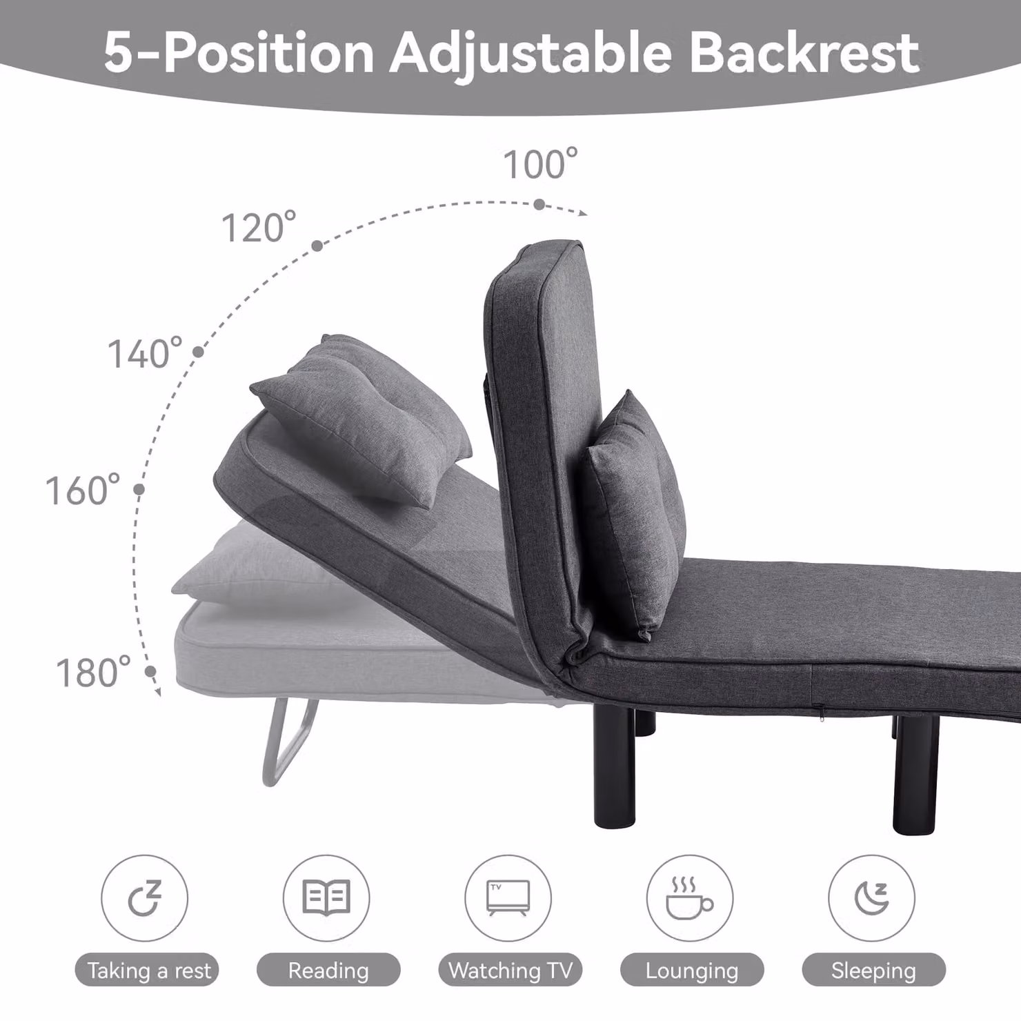 MCC Direct 4 in 1 Folding Single Sofa Bed Convertible Lounge Sleeper Chair with Adjustable Backrest and Large Cushion, Grey – 4
