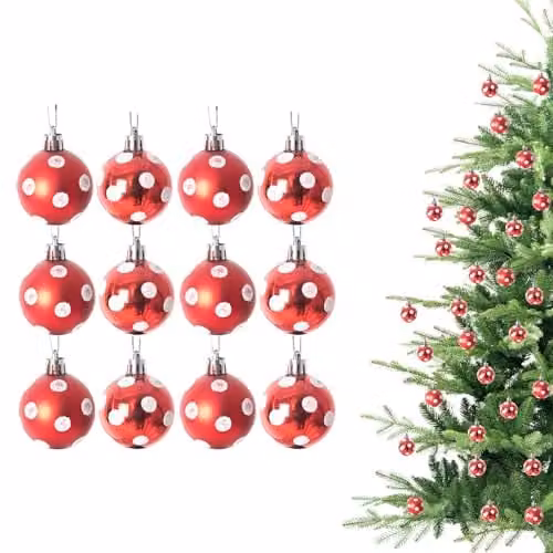 Shatchi 12-Piece Polka Dot Christmas Bauble Hanging Decorations in Red, White and Silver, Diameter: 3 cm