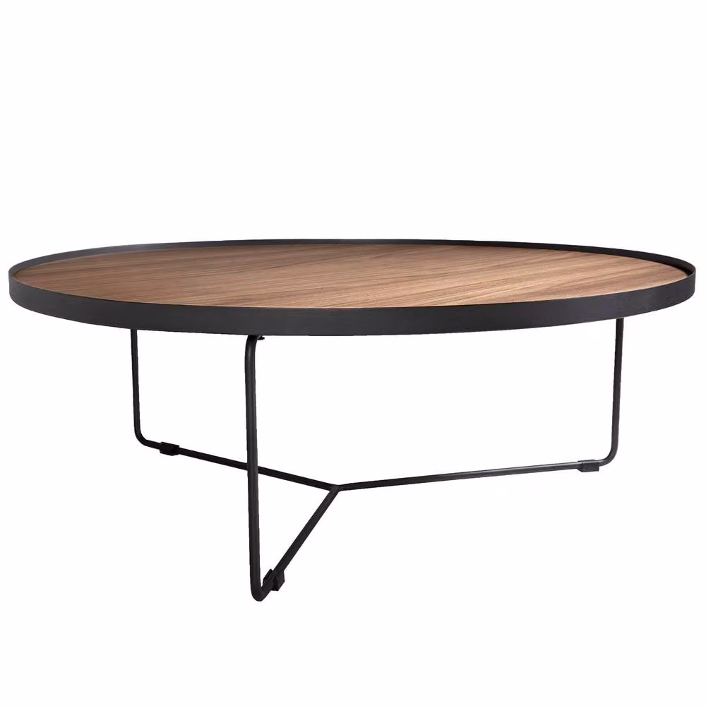 Angel Cerda Round Walnut Veneer Coffee Table with Black Steel in Brown, Diameter: 100 cm, Height: 35 cm – 2