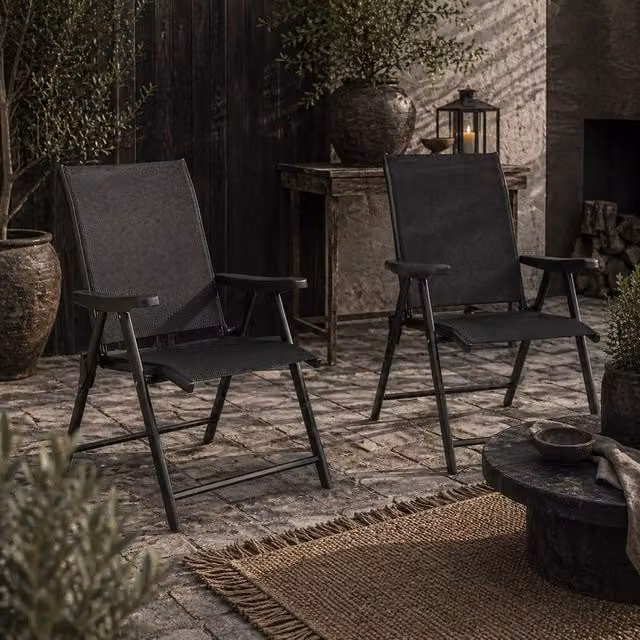 Wyld Haus Set of 2 Dark Grey Aluminium Folding Garden Chairs with Breathable Mesh