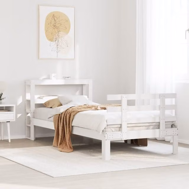 Berkfield Home Small Single Bed Frame with Headboard in White, W/D/H: 75 x 190 x 75 cm