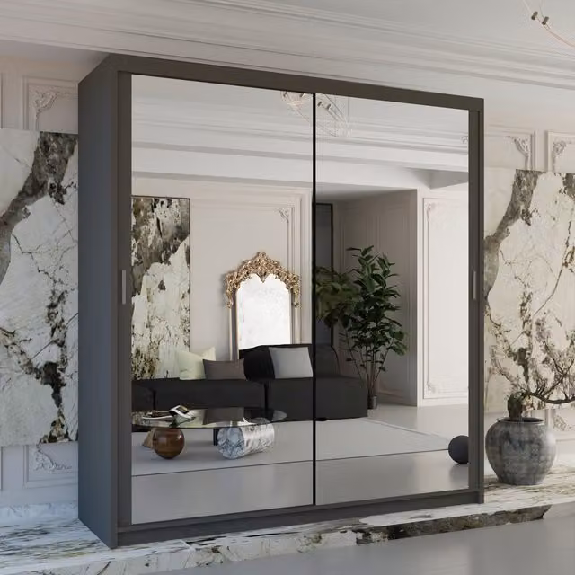 Sliding Wardrobes 4U Double Mirror Sliding Wardrobe with LED Light and Integrated Drawers, Grey, W: 150 cm, D: 62 cm, H: 217 cm
