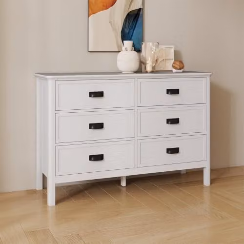 Melody Maison Lawrence Large 6 Drawer Chest of Drawers in White and Ivory with Black Handles, W/D/H: 120 x 39.5 x 80 cm