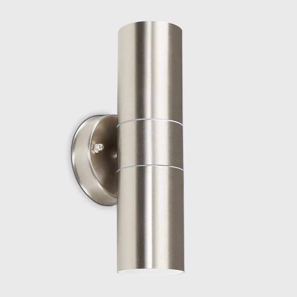 ValueLights Pair of Silver Stainless Steel Modern Up and Down Outdoor Wall Lights for Garden and Terrace – 2