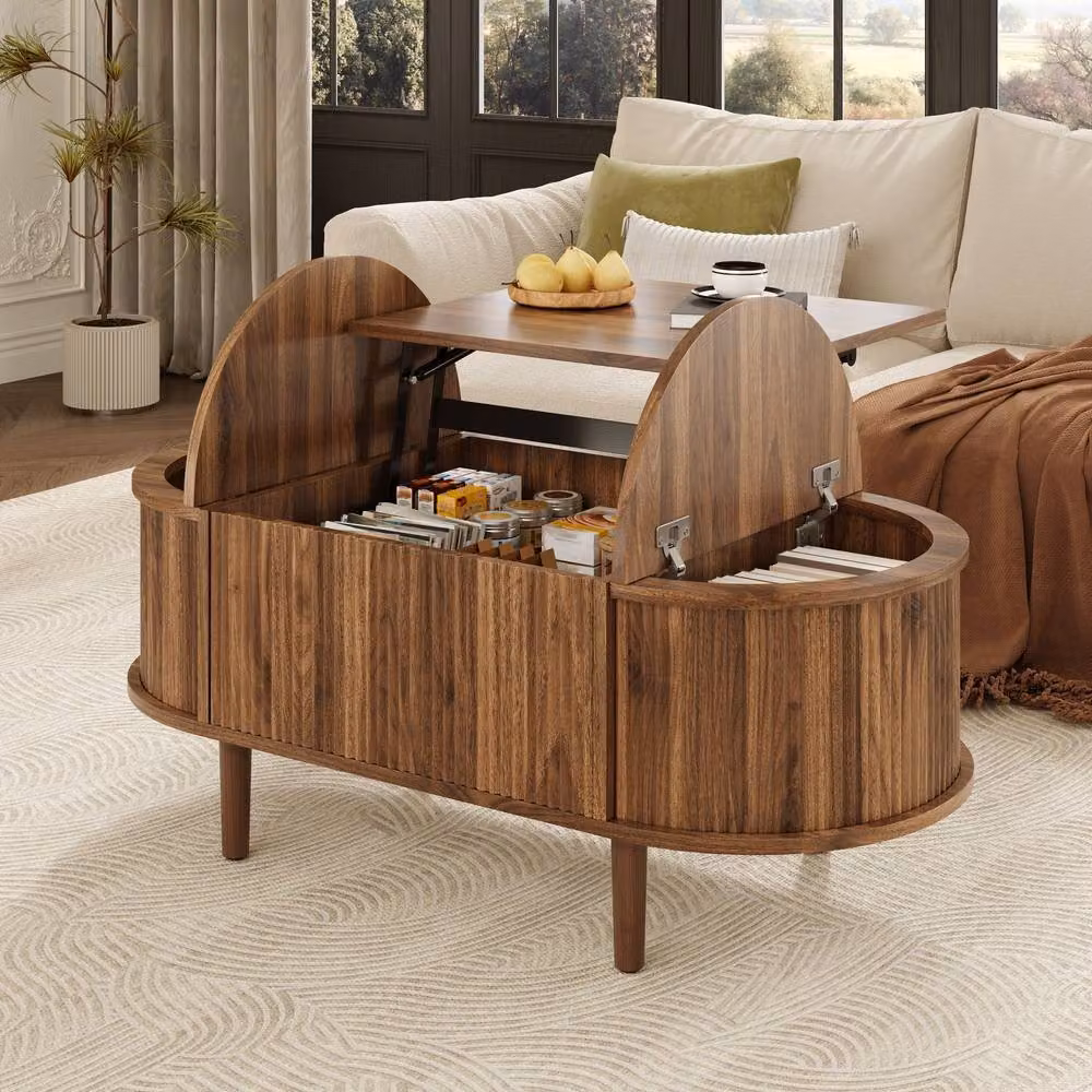 Merax Oval Lift-Top Fluted Coffee Table with Storage in Walnut Brown, W/D/H: 100 x 60 x 48 cm – 3