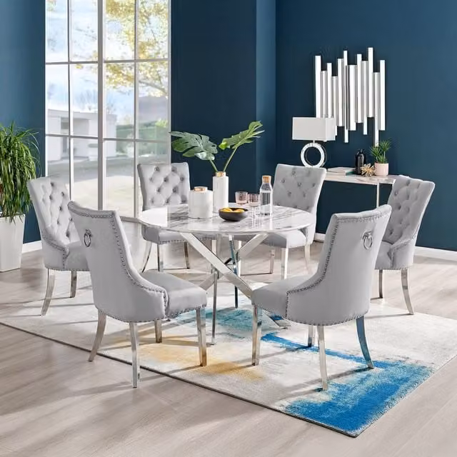 FurnitureboxUK Novara White Marble Round Dining Table and 6 Belgravia Chairs in Grey