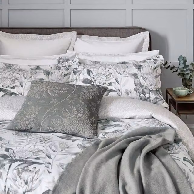 Sanderson King Protea Double Duvet Cover and Pillowcase Set, Grey Floral Mako Satin Cotton