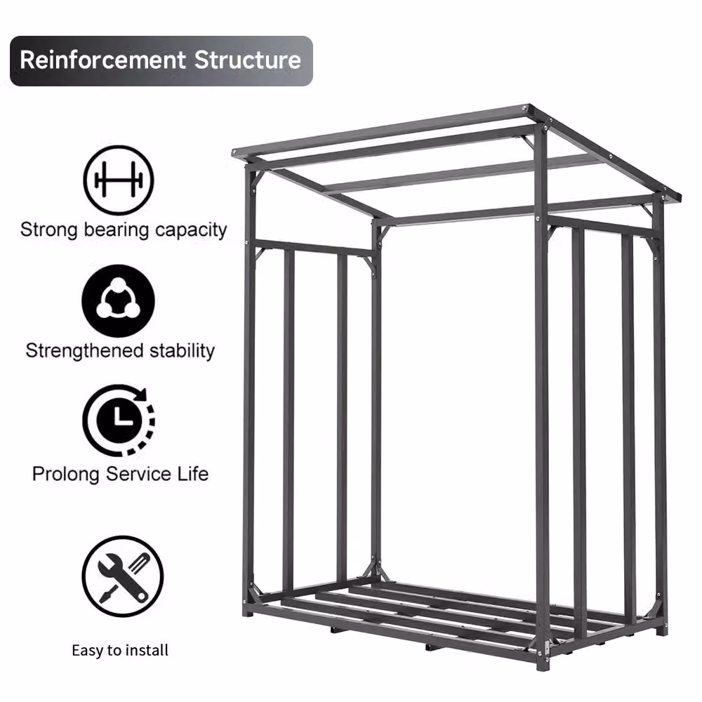 Living and Home Small Metal Tube Firewood Rack with Roof, Black, W/D: 109.7 x 70.1 cm – 3
