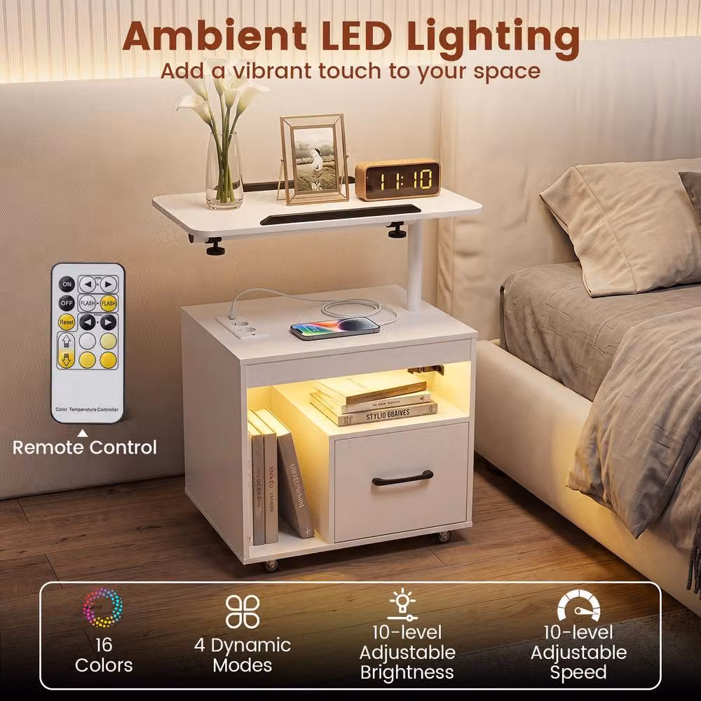 Costway Modern White Nightstand with LED Lights, Charging Station and Drawer – 5