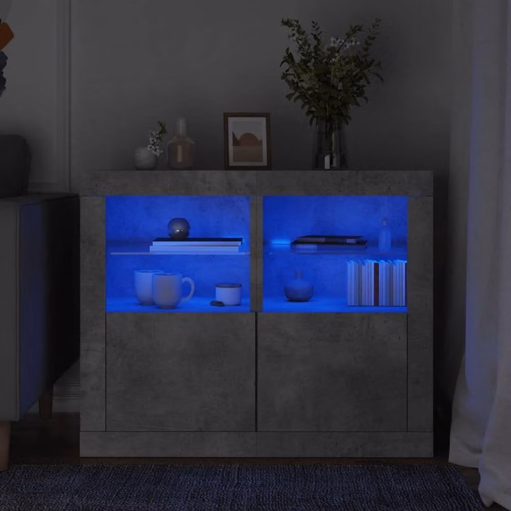 Berkfield Home Set of 2 Modern Side Cabinets in Concrete Grey with Integrated LED Lighting and Glass Doors – 2