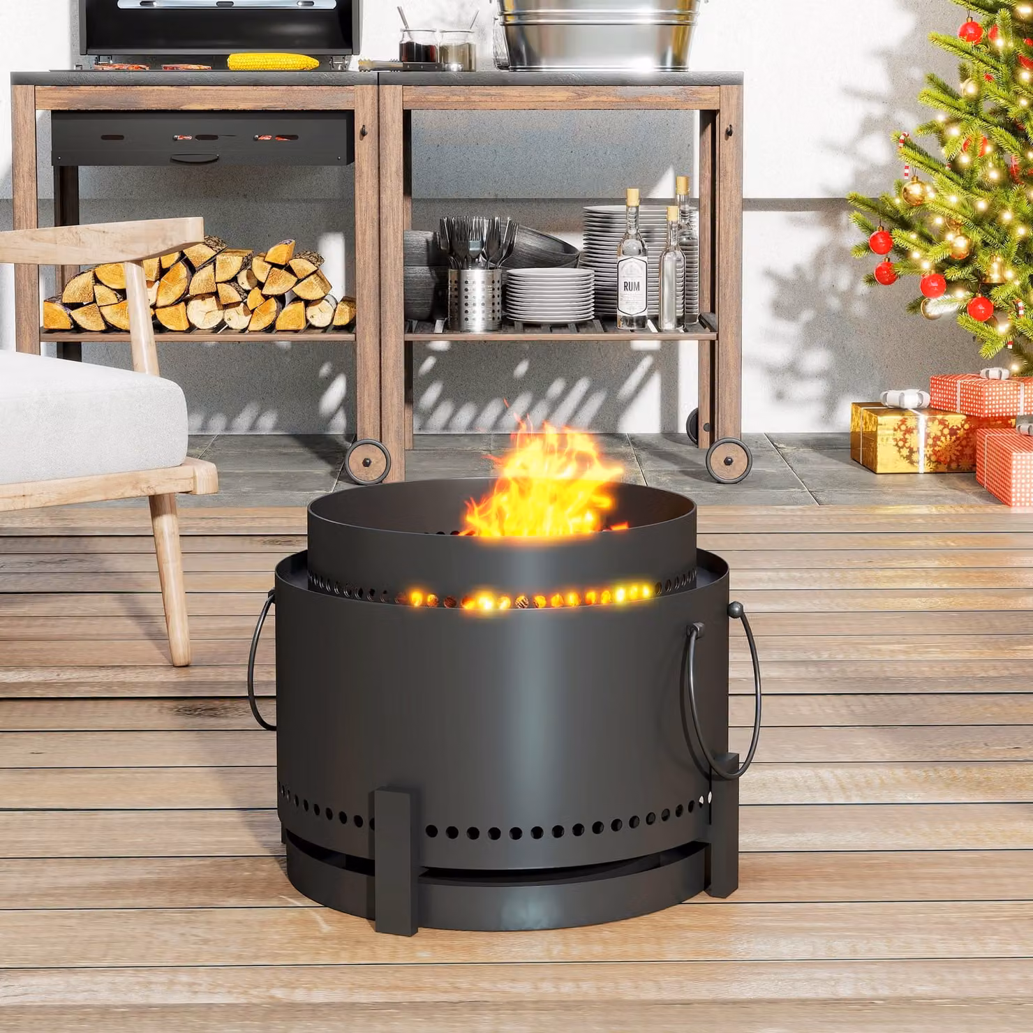 Outsunny Smokeless Wood Burning Fire Pit with Ash Catcher and Poker, Dark Grey Metal Fire Bowl, Diameter: 37 cm – 8