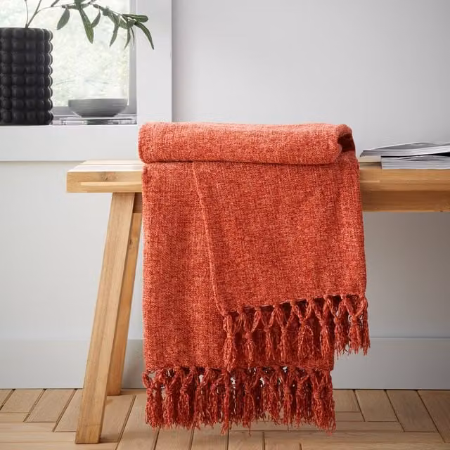 Catherine Lansfield Wilson Plain Chenille Throw with Fringes, Orange, W: 130 cm x D: 170 cm
