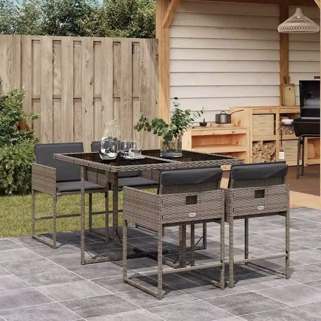 Berkfield Home Garden Dining Set in Grey PE Rattan with Glass Top