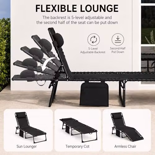 SHATCHI Black Folding Sun Lounger with 5-Position Adjustable Headrest and Textilene Fabric, W/D/H: 185 x 120 x 58 cm – 4
