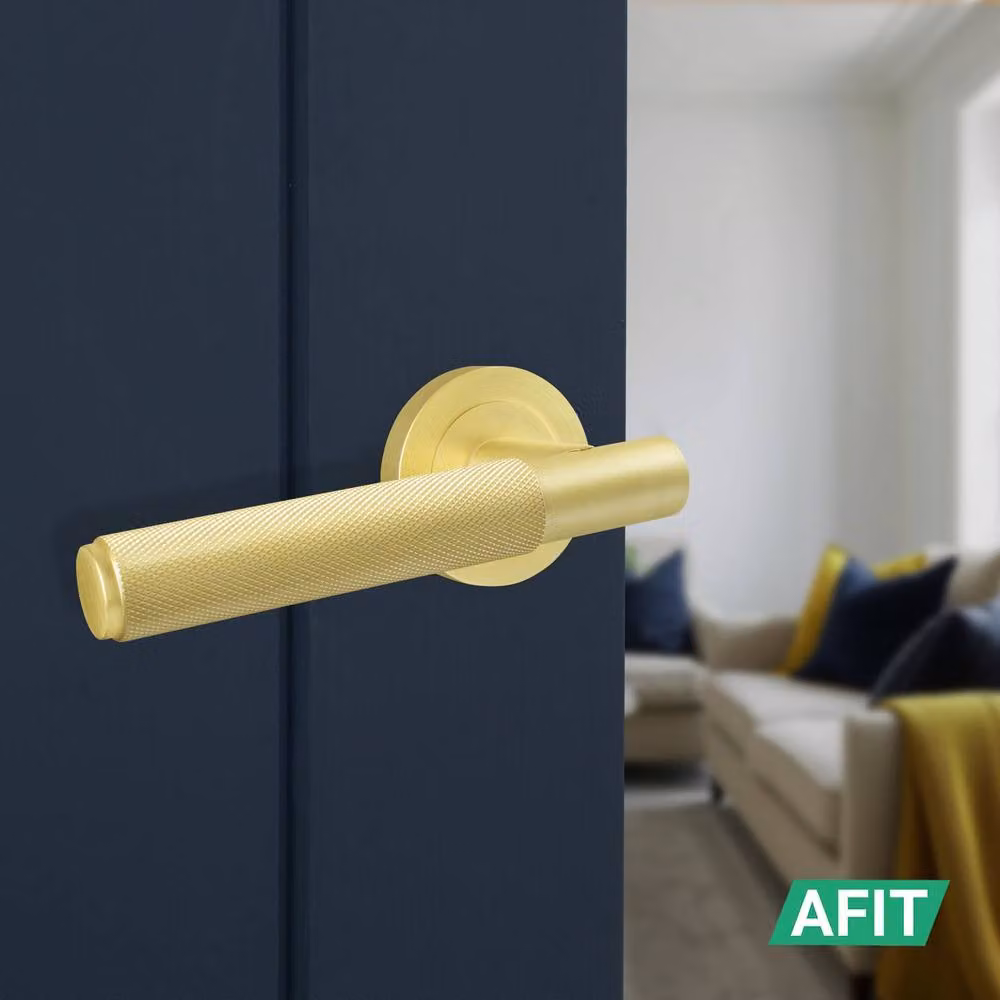AFIT Satin Brass Knurled Round Rose Door Handles with Latch and Rosette Set in Gold, 6 Pairs – 2