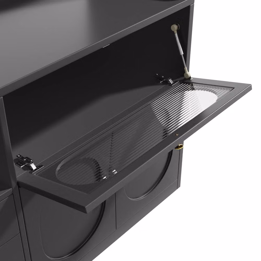 Merax Modern Black Kitchen Dresser with Integrated Lighting, Wine Rack and Glass Sliding Doors, H: 180 cm x W: 61 cm x D: 40 cm – 5