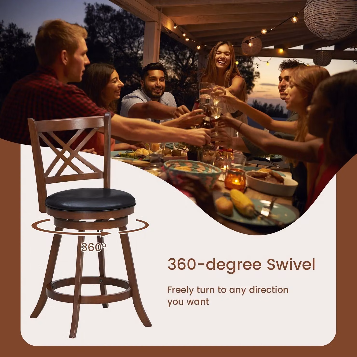 Costway Set of 2 Brown Upholstered Swivel Bar Stools with 360 Degree Rotation and Rubberwood Frame – 3