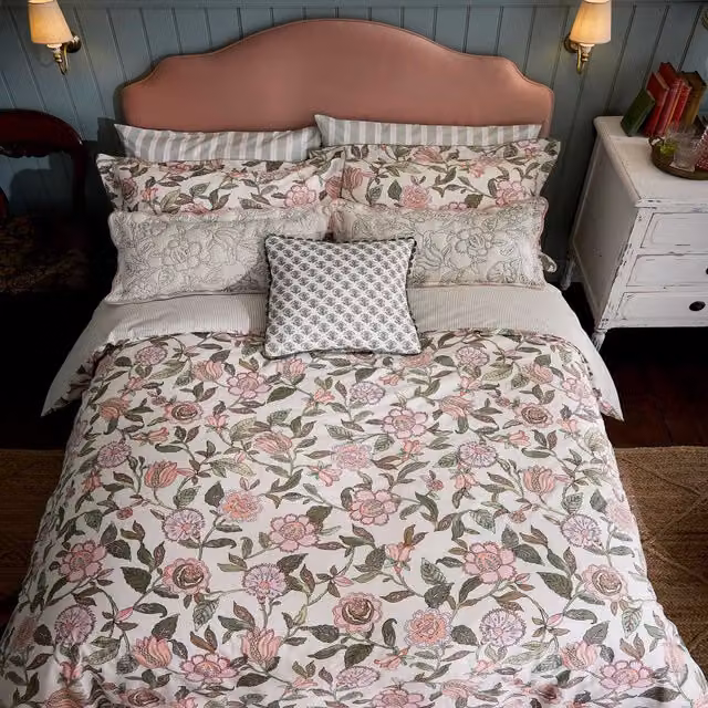 Joules Juliette Reversible Floral Cotton Percale Super Kingsize Duvet Cover and Pillowcase Set, Pink and Green, W/D/H: 200 x 200 cm