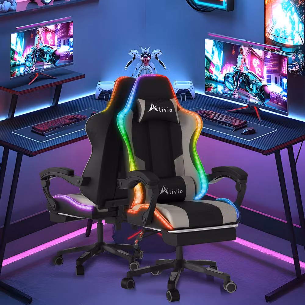 Alivio Wireless RGB LED Gaming Chair with App Control and Massage Lumbar Cushion in Grey – 2