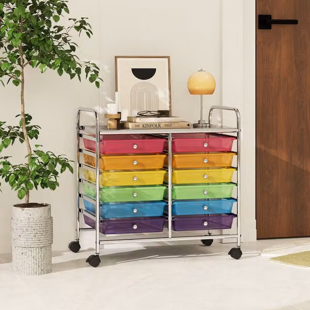 COSTWAY Utility Storage Cart with 12 Drawers, Transparent Multicolour