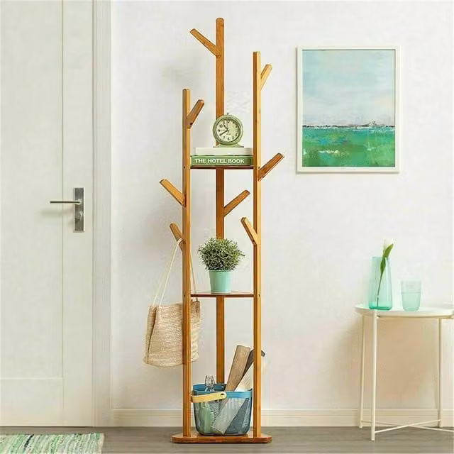 Havendro 3-Tier Bamboo Wooden Coat Rack with 10 Hooks in Brown