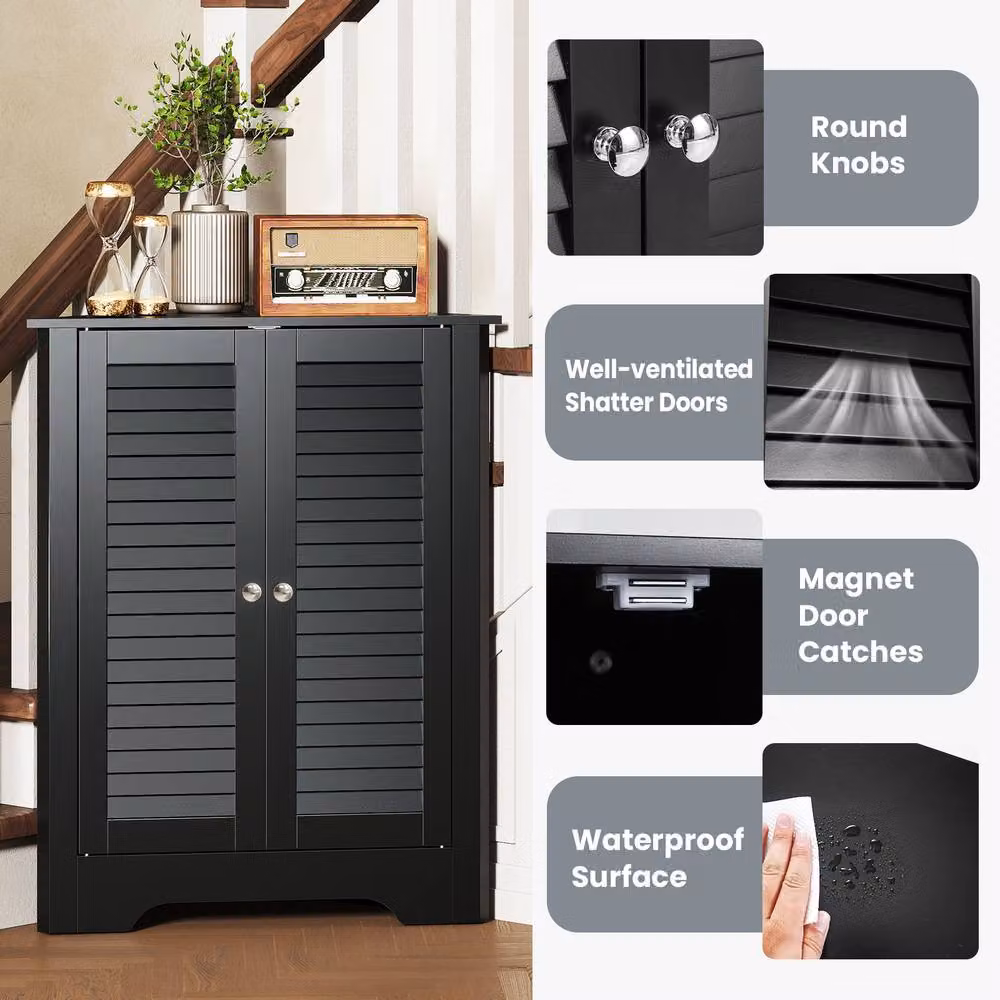 Gymax Freestanding Corner Storage Cabinet with Double Roll Shutter Doors in Black – 4