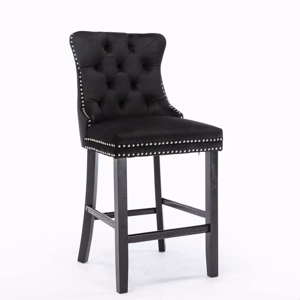 Modern Home Touch Romsey Set of 6 Black Velvet Kitchen Breakfast Barstools with Oak Wood Legs and Knocker Ring Back – 5