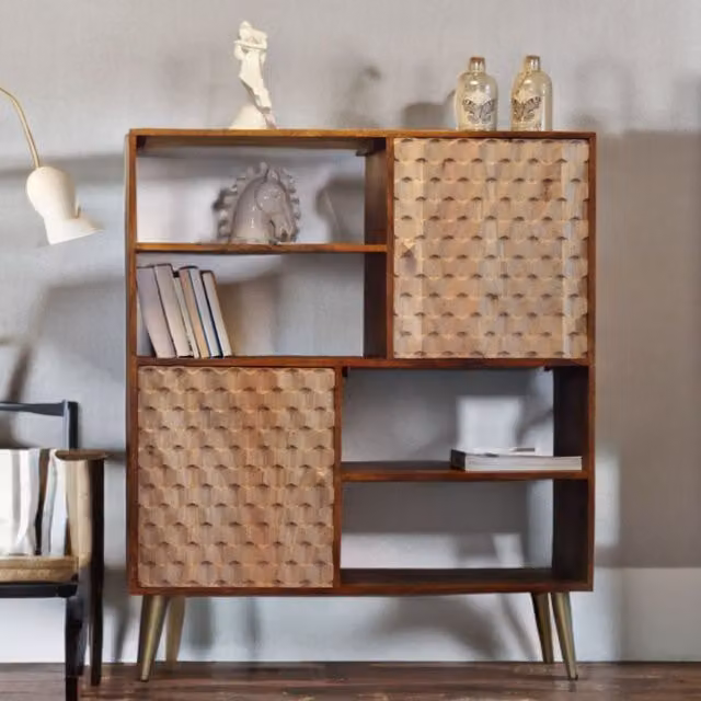 IH Design Koda Retro Mango Wood Display Unit with Shelves and Cupboards in Brown and Gold – 1