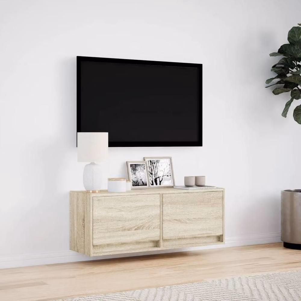 Berkfield Home Wall Mounted TV Cabinet with Integrated LED Lights in Sonoma Oak, Light Brown, W/D/H: 100 x 31 x 35 cm – 2