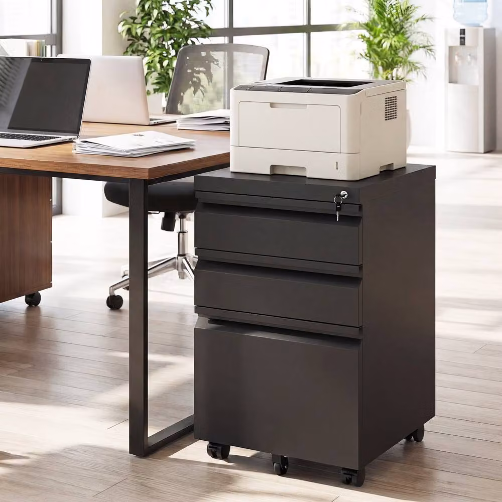 Costway 3-Drawer Mobile Metal Filing Cabinet with Lock and Castors in Black – 10