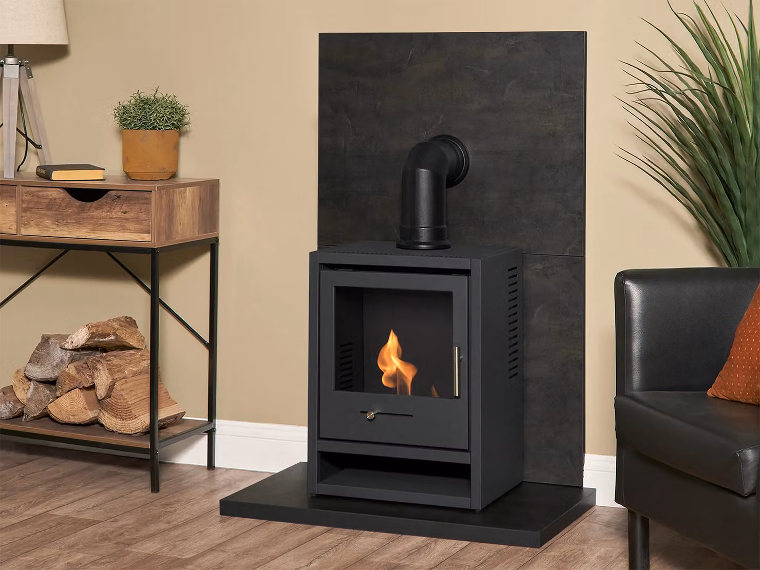 Acantha Ethanol Fireplace Set with OKO S1 Stove and Angled Pipe in Bronze Venetian Plaster Effect, Anthracite and Black – 2