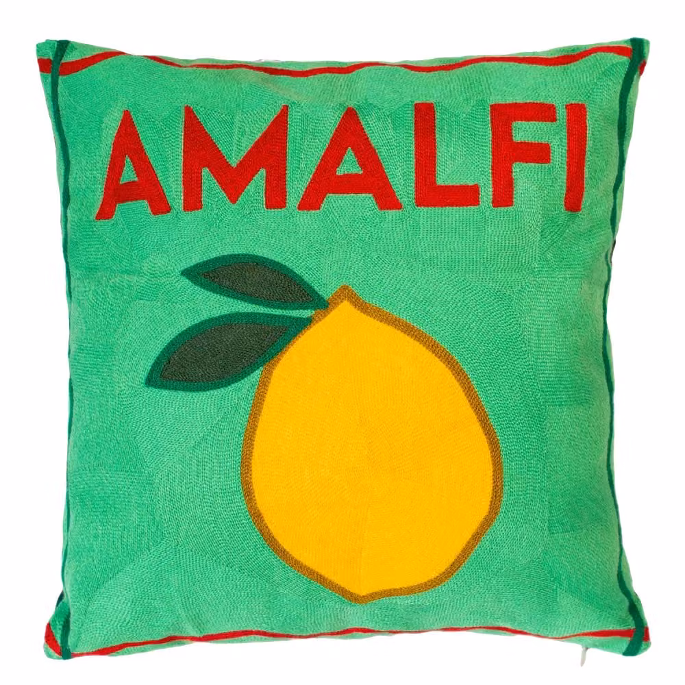 The Pillow Drop Amalfi Needlepoint Square Velvet Cushion in Yellow and Green, W/D/H: 45 x 45 x 45 cm