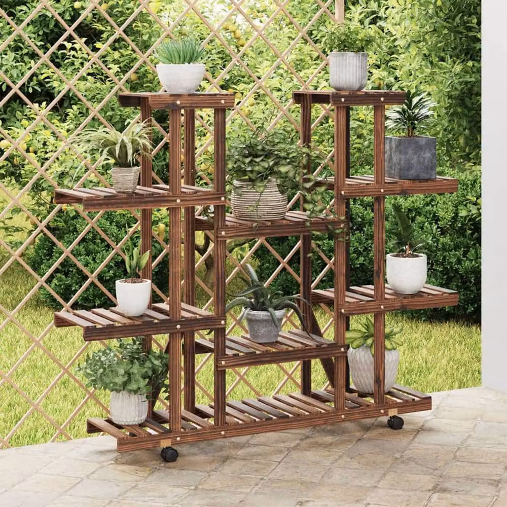 Berkfield Home Retro Wooden Flower Stand with Wheels in Brown, W/D/H: 110 x 25 x 115 cm – 2