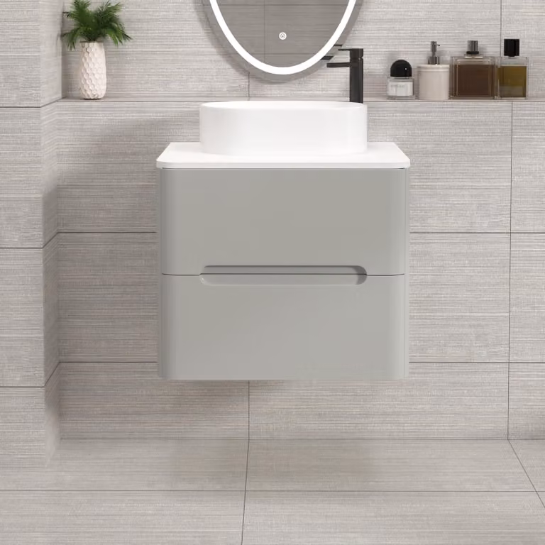 Royal Bathrooms Venice Wall Hung Vanity Unit in Dove Grey with 2 Drawers and Plain White Worktop