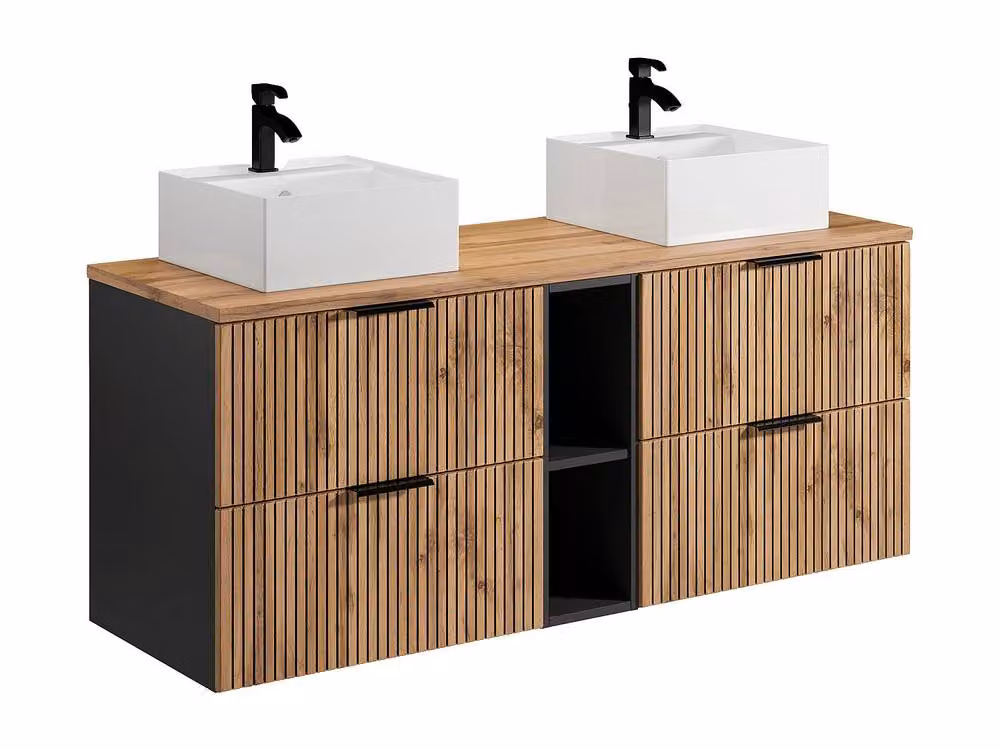 MADELA Suspended Striped Bathroom Vanity Unit with Niches and Double Square in Black and Light Oak, W/D/H: 140 x 46 x 57 cm – 2