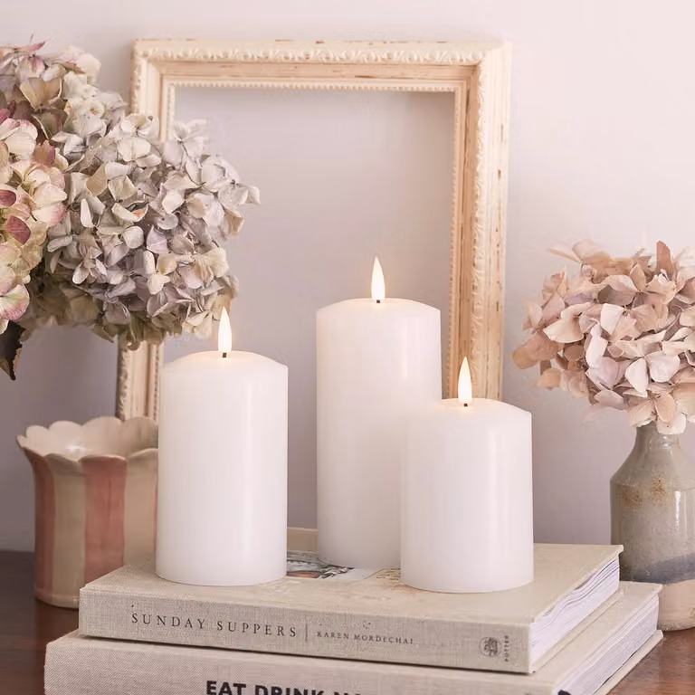 TruGlow® White LED Pillar Candle Trio with Remote Control, Flicker Effect and Timer, Round Wax Tabletop Candles