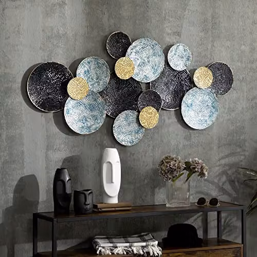 HOMCOM Modern Geometric 3D Metal Wall Art, Round Abstract Hanging Sculpture in Blue, Black and Gold, W/D/H: 133 x 66 x 50.8 cm – 2