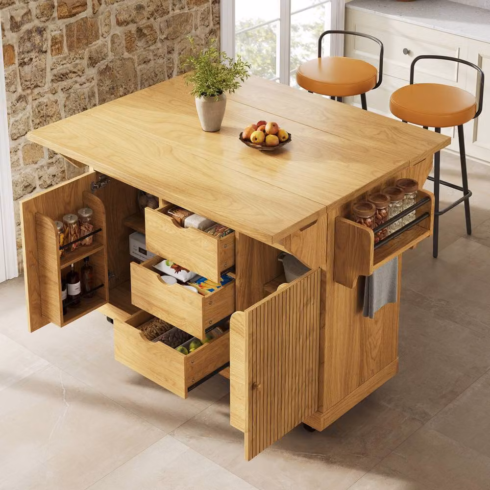 BTM Folding Kitchen Trolley Rolling Serving Cart in Natural Brown Wood – 2